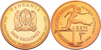 Танзания 2000 шиллингов 1996 XXVI Олимпийские игры 1996 года в Атланте, 100 лет Олимпийскому движению, бег с барьерами, пробник, рубчатый гурт медь PROOF 06-135-41