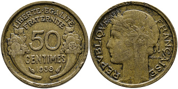 ФРАНЦИЯ 50 САНТИМОВ 1939 ТИП МОРЛОН KM 894.1, LE FRANC 192.15 алюминиевая бронза 23-615