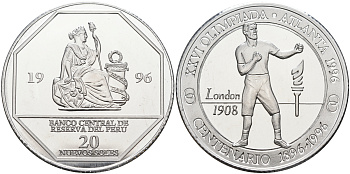 Перу 20 солей 1996 XXVI Олимпийские игры 1996 года в Атланте, 100 лет Олимпийскому движению, бокс, пробник, рубчатый гурт алюминий PROOF 06-158-32
