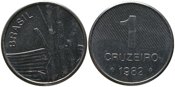 Бразилия 1 крузейро 1982 KM 590, Schon 99 нержавеющая сталь aUNC 4567-1015