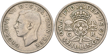 Великобритания 2 шиллинга (флорин) 1951 Георг VI (1936-1952) KM 878, Spink 4107 медно-никель 4572-1014