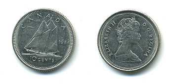 КАНАДА 10 ЦЕНТОВ 1984 ПАРУСНИК KM 77.2 никель 4364-731