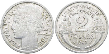 Франция 2 франка 1947 KM 886a.1, LE FRANC 269.10 алюминий 109-1225