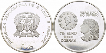 Сан-Томе и Принсипи 15000 добра 1997 голова женщины влево, Швейцарский флаг KM 101 серебро PROOF 1085-9-42