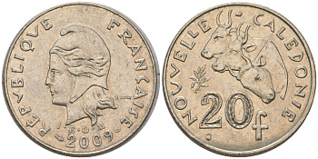 Французская Новая Каледония 20 франков 2009 три быка, (IEOM) KM 12a, Schoen 14a медно-никель 4131-1133