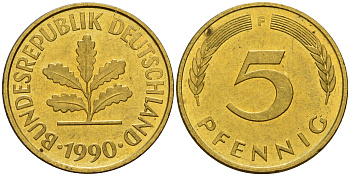 ФРГ 5 пфеннигов 1990 F J.382, KM 107 сталь плакированная латунью    4598-1065