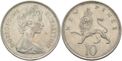 Великобритания 10 пенсов 1968 Елизавета II (1952-2022) KM 912, Spink 4231 (F1) медно-никель 4683-414