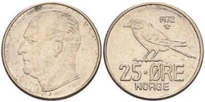 Норвегия 25 эре 1972 Улаф V (1958-1991), синица KM 407 медно-никель 4580-1042
