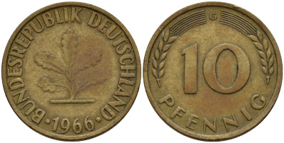 ФРГ 10 пфеннигов 1966 G J. 383, KM 108 сталь плакированная латунью    4603-326