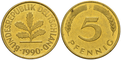 ФРГ 5 пфеннигов 1990 F J.382, KM 107 сталь плакированная латунью    4598-1065