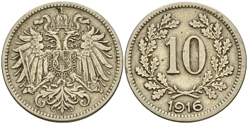 Австрия 10 геллеров 1916 Франц Иосиф (1848-1916) KM 2822 медь никель цинк 4151-1238