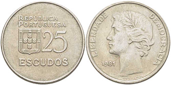 ПОРТУГАЛИЯ 25 ЭСКУДО 1981 KM 607а медно-никель 51-4223