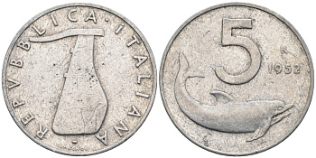 ИТАЛИЯ 5 ЛИР 1952 R, РУЛЬ, ДЕЛЬФИН КМ 92 алюминий 4573-215