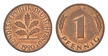 ФРГ 1 пфенниг 1990 J KM 105, J. 380 сталь плакированная медью 4702-344