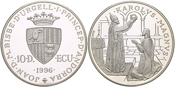 Андорра 10 динеров 1996 папа Лев III коронует Карла Великого, ECU KM 121 серебро PROOF 1081-5-64