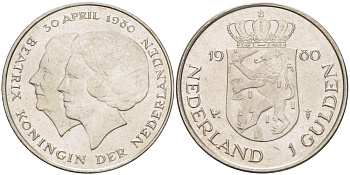 Нидерланды 1 гульден 1980 на коронацию Беатрикс, 30 апреля 1980 KM 200 никель 31-835
