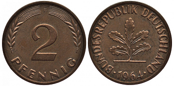 ФРГ 2 ПФЕННИГА 1964 F KM 106, Jager 381 бронза 4546-927