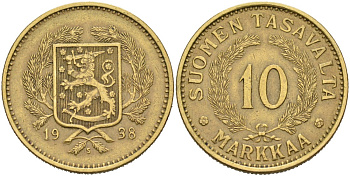 Финляндия 10 марок 1938 S KM 63 алюминиевая бронза 4111-522