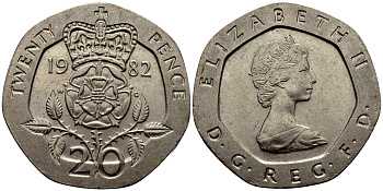 Великобритания 20 пенсов 1982 Елизавета II (1952-2022) KM 931, Spink 4230 (G1) медно-никель 51-2543