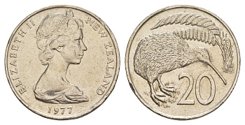 Новая Зеландия 20 центов 1977 Елизавета II (1952-2022), птичка киви KM 36 медно-никель 93-935