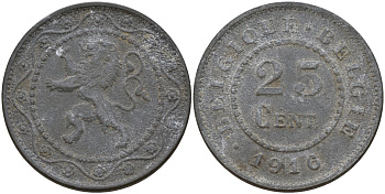 Бельгия 25 сантимов 1916 германская оккупация Первая мировая война, Альберт I (1910-1934) KM 82 цинк 4157-431