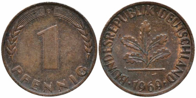 ФРГ 1 ПФЕННИГ 1969 D KM 105, J. 380 сталь плакированная медью 112-135