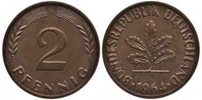 ФРГ 2 ПФЕННИГА 1964 F KM 106, Jager 381 бронза 4546-927