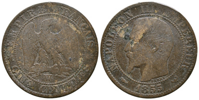 ФРАНЦИЯ 5 САНТИМОВ 1855 W, НАПОЛЕОН III (1852-1870) KM 777.7, LE FRANC 116.28 бронза 3999-152