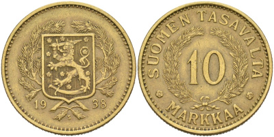 Финляндия 10 марок 1938 S KM 63 алюминиевая бронза 4111-522
