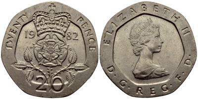 Великобритания 20 пенсов 1982 Елизавета II (1952-2022) KM 931, Spink 4230 (G1) медно-никель 51-2543