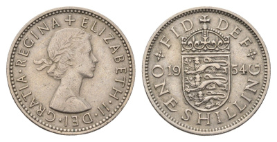 Великобритания 1 шиллинг 1954 Елизавета II (1952-2022), Английский герб KM 904, Spink 4147 медно-никель 4695-744