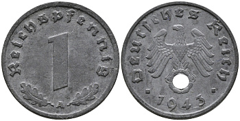 ГЕРМАНИЯ 1 РЕЙХСПФЕННИГ 1943 A KM 97, J.369 цинк 96-758