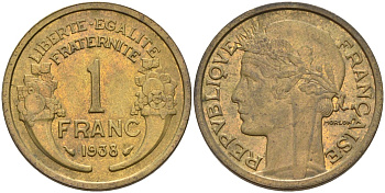 Франция 1 франк 1938 KM 885, Le Franc 219.2 алюминиевая бронза 4142-853