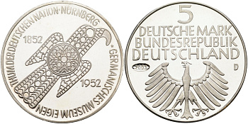 Германия медаль 2003 5 марок 1952 года, 100 лет Германскому музею в Нюрнберге серебро PROOF 00-00