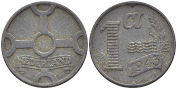 НИДЕРЛАНДЫ 1 ЦЕНТ 1943 ВИЛЬГЕЛЬМИНА I (1891-1948), ГЕРМАНСКАЯ ОККУПАЦИЯ, ВТОРАЯ МИРОВАЯ ВОЙНА KM 170 цинк 4532-1143