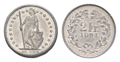 Швейцария игровой жетон в 2 франка 1954 диаметр 16 мм, вес 0,38 гр алюминий 4651-1167