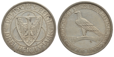 Германия 3 марки 1930 J, освобождение Рейнлянда J. 345, KM 70 серебро 413-532