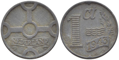 НИДЕРЛАНДЫ 1 ЦЕНТ 1943 ВИЛЬГЕЛЬМИНА I (1891-1948), ГЕРМАНСКАЯ ОККУПАЦИЯ, ВТОРАЯ МИРОВАЯ ВОЙНА KM 170 цинк 4532-1143