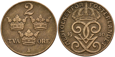 Швеция 2 эре 1940 Густав V (1907-1950) KM 778 бронза 4152-441