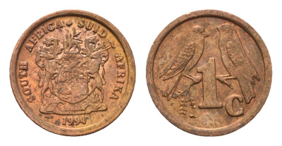 ЮАР 1 цент 1994 герб, капские воробьи KM 132 сталь плакированная медью aUNC 4694-126