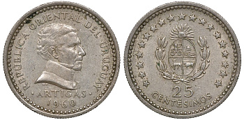 Уругвай 25 сентесимо 1960 KM 40 медно-никель 4169-829