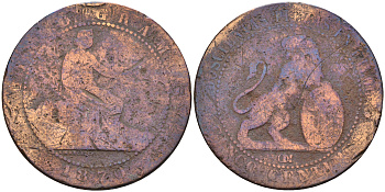 Испания 5 сентимо 1870 ОМ, лев со щитом KM 662 (Y53) медь 4589-845