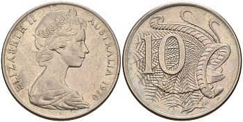Австралия 10 центов 1970 Елизавета II (1952-), птица лирахвост KM 65 медно-никель 4566-454