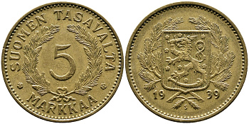 Финляндия 5 марок 1939 S KM 31 алюминиевая бронза 4388-1023