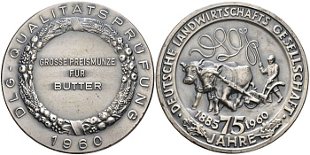 Германия медаль 1960 СЕЛЬСКОХОЗЯЙСТВЕННОГО ОБЩЕСТВА, ГЛАВНЫЙ ПРИЗ КОНТРОЛЯ КАЧЕСТВА ЗА СЛИВОЧНОЕ МАСЛО, диаметр 61 мм., 75 ЛЕТ DLG (1885-1960) белый металл 1069-1-13