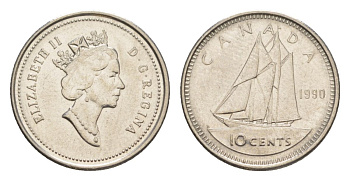 Канада 10 центов 1990 Елизавета II (1952-2022), парусник KM 183 никель 4630-841