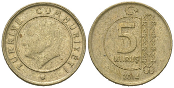 Турция 5 курушей 2014 Кемаль Ататюрк KM 1240 медь цинк никель 4621-624