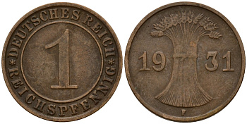 Германия 1 рейхспфенниг 1931 F KM 37, J. 313 бронза 4189-818