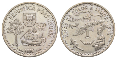 Португалия 200 эскудо 1995 480 лет островам Солор и Тимор KM 683 медно-никель UNC 1101-3-43