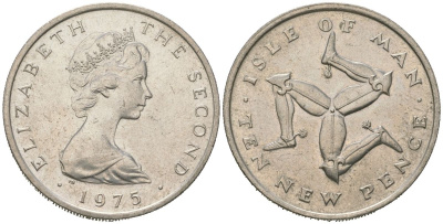 Остров Мэн 10 пенсов 1975 герб, Елизавета II (1952-2022) KM 23 медно-никель aUNC 4619-125
